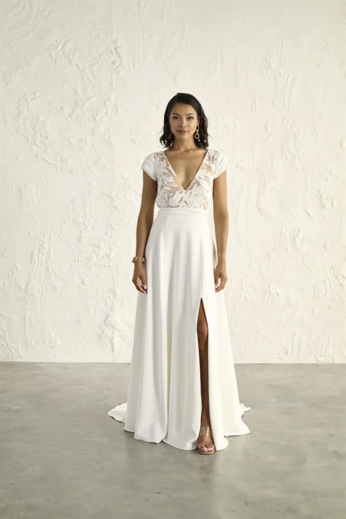 Photograph of Or Blanc from Rembo Styling, a modern crepe dress for the older bride