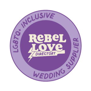 Badge saying "Rebel Love Directory LGBTQ Inclusive Wedding Supplier"
